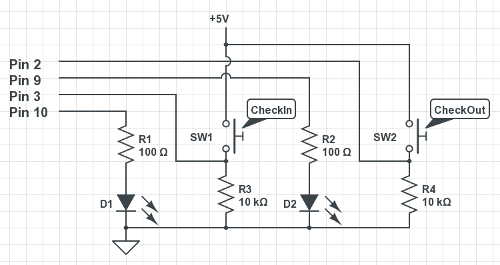 The (very basic) circuit for the check-in/out buttons and visual feedback LEDs