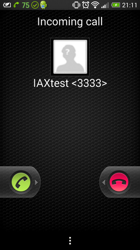 Phone interface showing incoming call from IAX test user