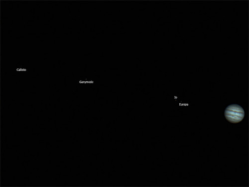 Jupiter and the Galilean Moons (@zoeff on Flickr)