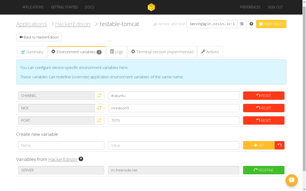 Settings through environment variables in the Resin.io interface