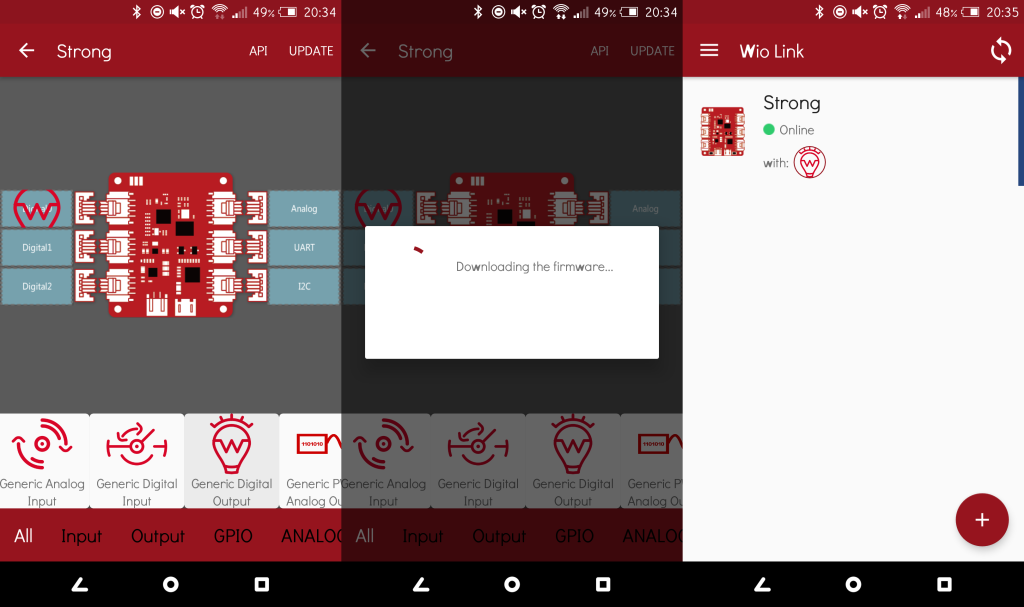 Wio Link setup process (left to right): add device, update firmware, check status