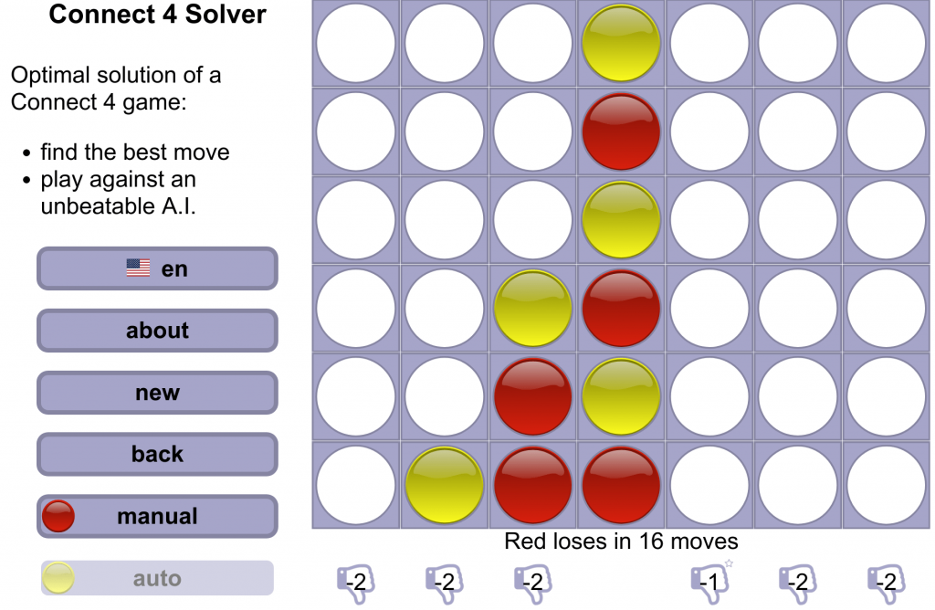 Screenshot of the Connect 4 solver website with a game that Red cannot win anymore, even though with perfect strategy Red would always win.