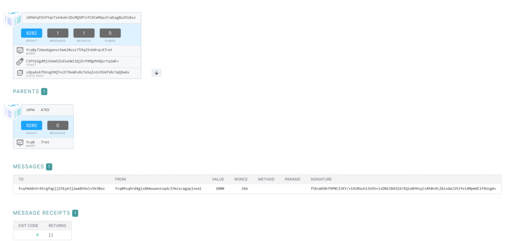 Screenshot of the latest Filecoin block, number 8282, on the official devnet block explorer