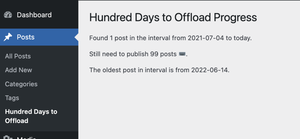 Screenshot of the Hundred Days to Offload plugin in the WordPress admin interface.