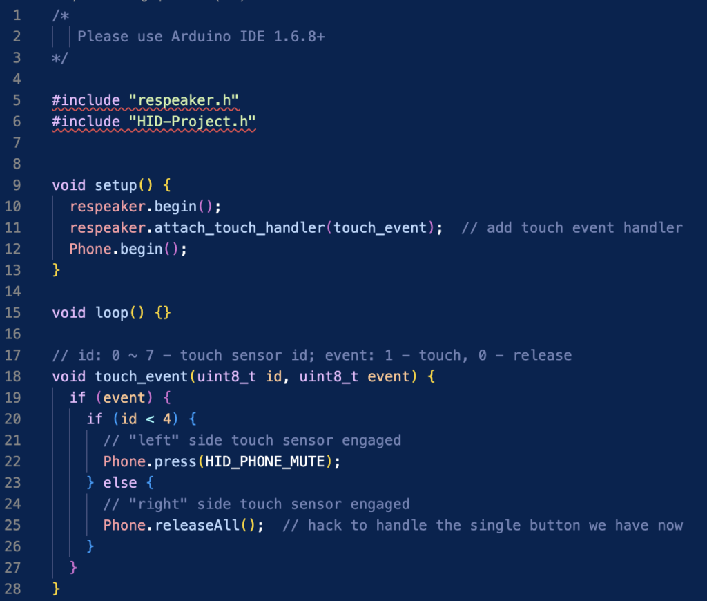 Screenshot of the Arduino code to send the right mute events