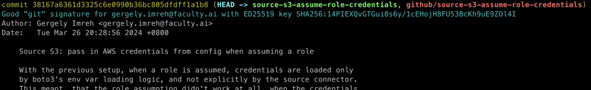 The output of git show with showing code signatures on a particular signed commit.