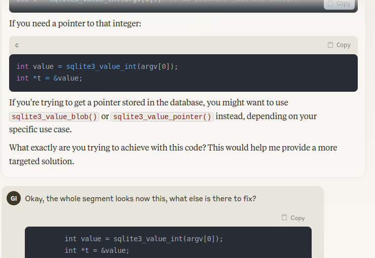 Chatting with Claude about the code snippet, my question and their answer shown in part.